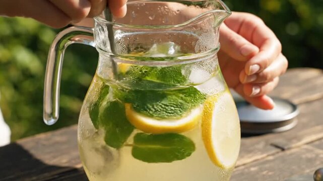 A close-up shot captures a refreshing pitcher of a vibrant citrus and mint beverage being stirred on a sunny outdoor setting. Ice cubes clink and melt slowly within the clear liquid, adorned with brig