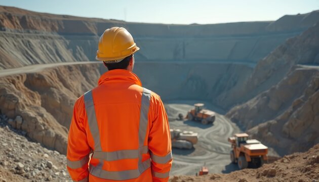 Back view of man overseeing quarry operations in safety gear. Person in orange jacket with reflective stripes, hard hat looks at machinery excavating mine, industrial engineering site with dirt,