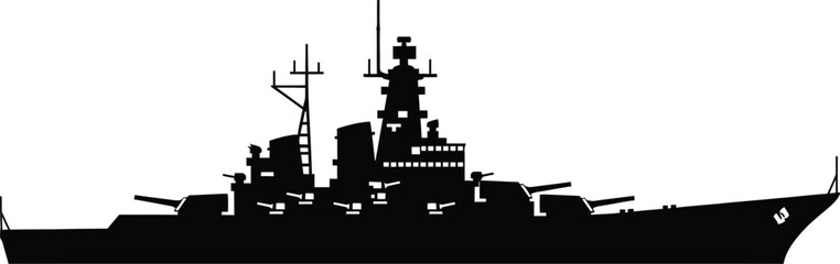 A striking silhouette of a large battleship against a plain white background © mst