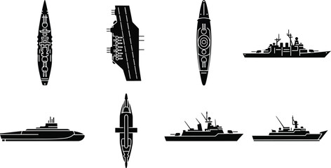 Silhouettes of various naval vessels including submarines and warships © mst