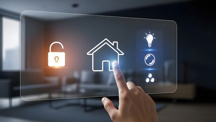 Hand pushes a digital button on a touch screen interface to select a business concept or icon for future success in communication technology