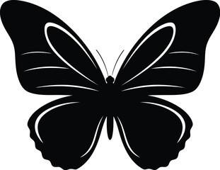 A simple black and white illustration of a butterfly with ornate wings © mst