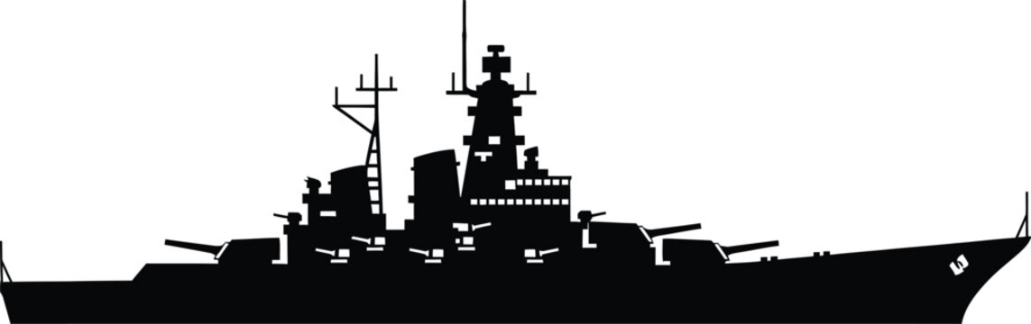 A striking silhouette of a large battleship against a plain white background