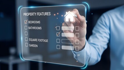 Innovative Real Estate Search Experience User Digitally Selecting Property Features and Amenities on a Transparent Virtual Display