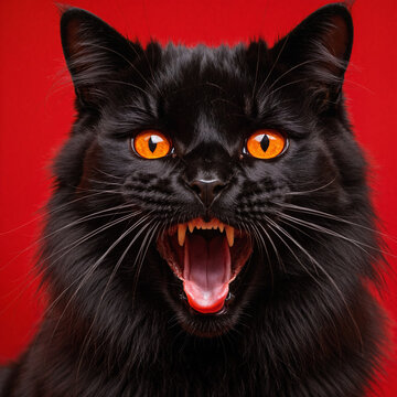 Yawning black cat with bright amber eyes on vibrant red background