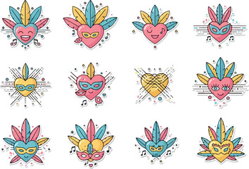 Heart-shaped carnival mask collection with feather decorations