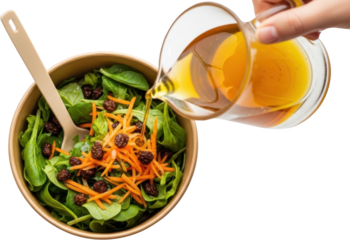 A hand pours golden dressing over a fresh green salad with shredded carrots and raisins in a recyclable bowl with a beige utensil Pouring Healthy Food