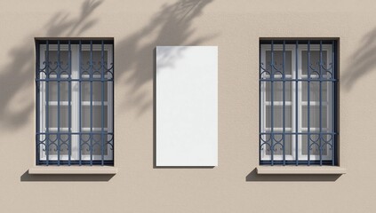 Large white billboard banner on an office or storefront mockup. Blank white office or shop sign mock up template