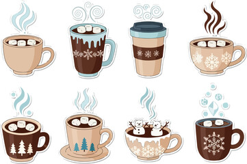Cozy Cups Vector Art of Hot Winter Drinks with Marshmallows and Steam