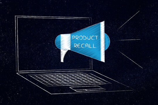 product recall megaphone popping out of laptop screen illustration