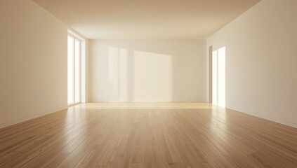 large room, wide open Clean white wall and wood grain floor with sun light into the room.3D rendering