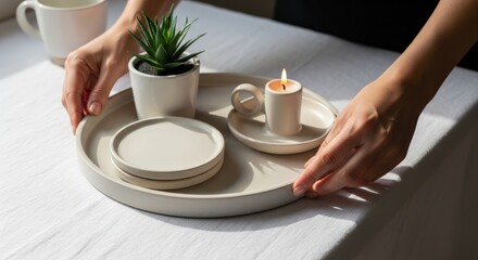 Obraz premium Hands holding a tray with plates, cup, and potted plant on a table