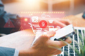 Safety Concepts for Online Shopping, Security alert from scammers. Alert of secure online shopping concept, Warning and danger sign, scam and thief in cybersecurity.