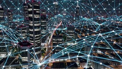 futuristic cityscape at night with glowing network connections and illuminated skyscrapers | science fiction, technology, urban, design, innovation theme - Powered by Adobe