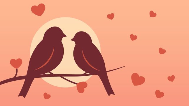 Two simple love bird silhouettes. Heart-shaped leaves around the pair. Cream glow circle behind them. Smooth feather curves visible.