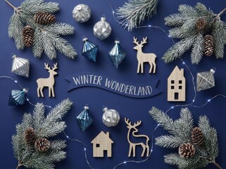 This high-angle flat lay features silver and blue winter decorations, including wooden deer and frosted pine, beautifully arranged around the "winter wonderland" text on a deep blue background.