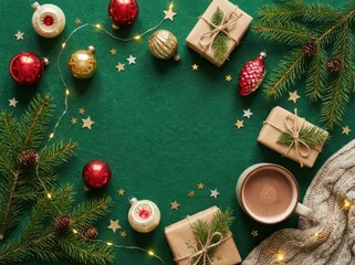 A festive overhead flat lay composition featuring traditional christmas ornaments and wrapped gifts, beautifully arranged with fir branches and hot cocoa on a rich emerald green background