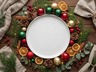 A centered blank white plate is surrounded by a festive christmas wreath featuring traditional red and gold ornaments, detailed in a warm flat lay composition on a rustic wooden surface.