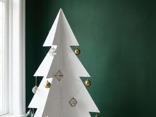 This clean, minimalist close-up captures a modern white christmas tree decorated with gold geometric ornaments, standing elegantly against a rich emerald green wall.