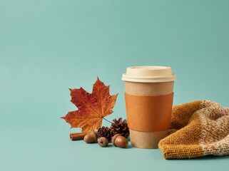 This cozy, autumnal studio still life features a disposable coffee cup and a vibrant maple leaf, accented by a warm knitted scarf, all arranged against a clean, solid teal background.