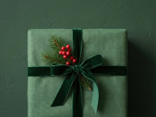 A moody, elegant deep forest green gift box, beautifully decorated with a velvet ribbon and festive red berries, captured in a minimalist flat lay composition on a textured background.