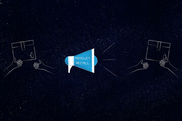 product recall megaphone with customer and manufacturer box exchange illustration