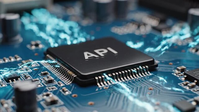 Closeup of api chip on circuit board with dynamic electric currents. showcasing technology and innovation in electronics.