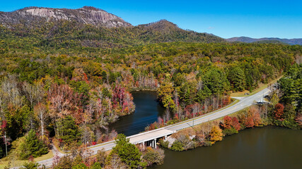 Aerial view of fall colors in mountains
