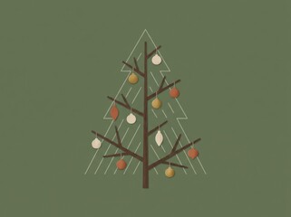 A cozy, muted flat vector illustration of a minimalist christmas tree decorated with simple geometric ornaments against a solid olive green background featuring a faint outline.