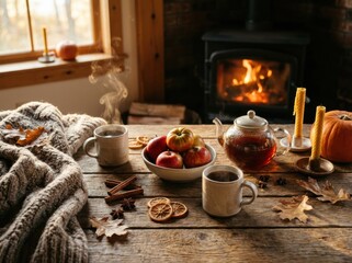 Steaming mugs and a knitted blanket create a warm, cozy hygge atmosphere on a rustic wooden table next to a glowing fireplace.