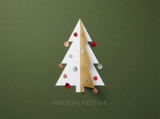 A modern, minimalist flat lay of a stylized white and gold paper christmas tree decorated with metallic ornaments against an elegant olive green background.