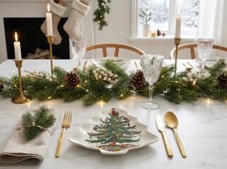 A bright, focused close-up shot captures an elegant christmas table setting prepared for a cozy holiday dinner, featuring a festive pine garland and shining gold cutlery in a warm dining room