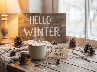 A close-up of a steaming mug and rustic "hello winter" sign creates a cozy, warm-toned composition with pinecones on a wooden table by a snowy window.