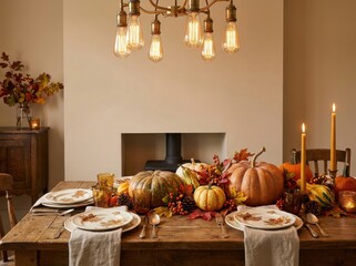 An inviting interior shot of a rustic dining table beautifully decorated with pumpkins and glowing amber candles for a cozy autumnal feast.
