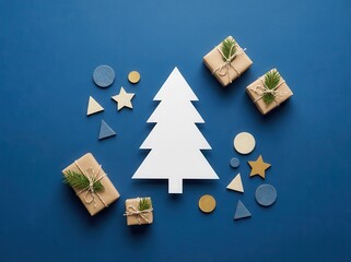 A minimalist white christmas tree cutout is elegantly arranged with rustic gift boxes and geometric shapes in a festive flat lay composition on a deep blue background.