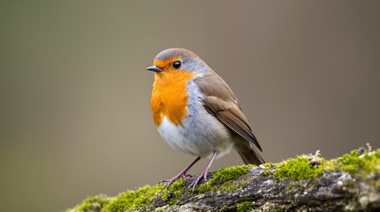 European robin perched on mossy branch in nature