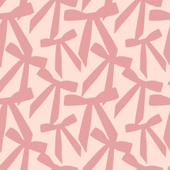 A charming vector seamless pattern featuring stylish hand-drawn pink bows on a light blush background, symbolizing femininity, soft luxury, and romantic gifts. Ideal for digital media or textile.