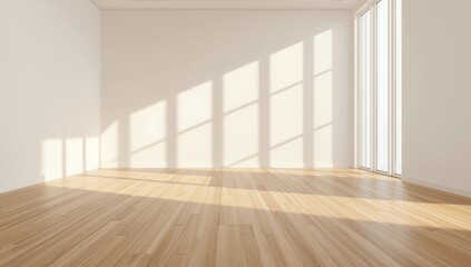 large room, wide open Clean white wall and wood grain floor with sun light into the room.3D rendering