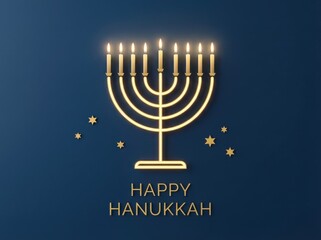 A minimalist 3d rendered golden hanukkah menorah glows brightly with nine lit candles, creating a festive mood against the deep blue background, accented by "happy hanukkah" text.