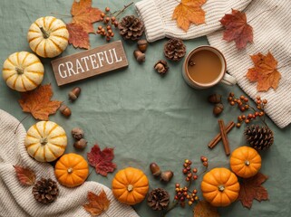 A warm, rustic flat lay composition of decorative mini pumpkins and colorful autumn leaves framing a central "grateful" sign, photographed overhead on a sage green surface.
