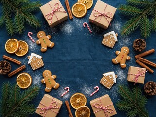 Overhead flat lay composition of traditional christmas treats and gifts, including gingerbread men and presents, arranged in a cozy circular frame against a deep blue background.