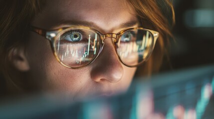 Professional woman with spectacles deeply engaged in sophisticated digital data analysis reflecting technology and insights