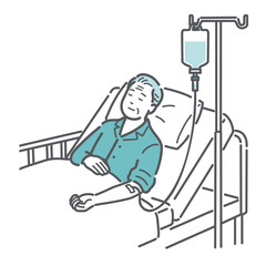 入院して点滴を受ける高齢の男性患者のイラスト（安静・介護）