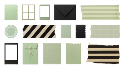 PNG Green stationery set with textures, element set on transparent background