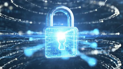 Rotating digital padlock with dynamic data streams reflects cybersecurity concepts. futuristic visualization of data protection in a connected world. - Powered by Adobe