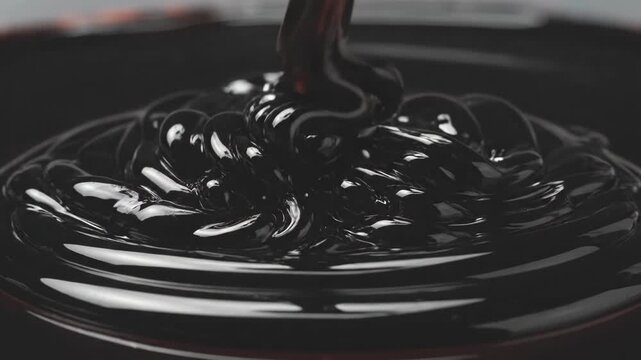 Extreme close-up shot of thick viscous dark liquid pouring in slow motion with glossy reflections