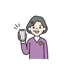 スマートフォンの画面を見せる、おばあさん・高齢女性の上半身ベクターイラスト素材＿カラー