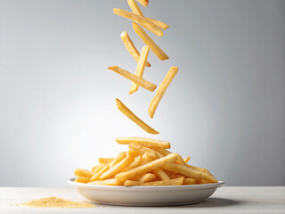 Golden French Fries Falling onto a Plate with Salt