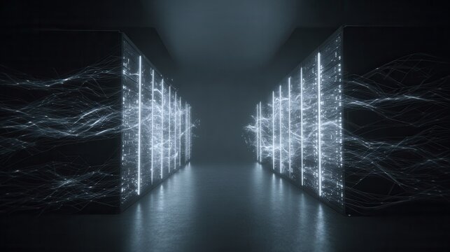 Navigating the luminous corridors of a futuristic data center where information flows creating a dynamic digital landscape