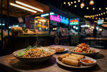 Thai Dishes on a Wooden Table - an appetizing close-up of Thai food, including Pad Thai noodles, Som Tam (papaya salad), and spring rolls, on a rustic wooden table at a night market.